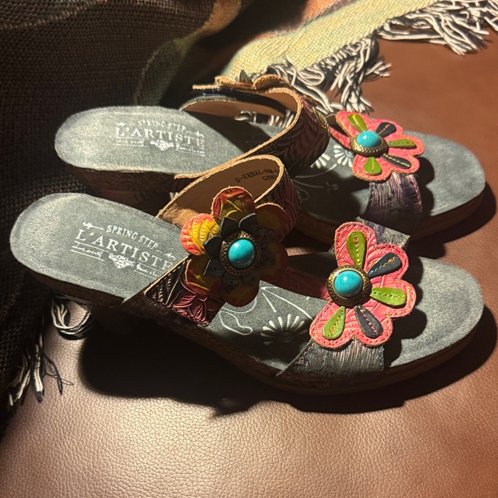 NWOB Spring Step L'Artiste Floral Embellished Sandals Leather & Cork 42(10.5-11) - Picture 1 of 11